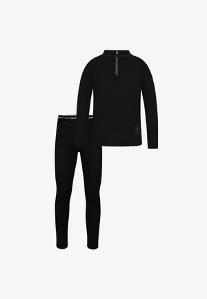 Schwarzes thermisches Langarmoberteil mit einem halben Reißverschlusskragen und passenden Leggings. Weicher Stoff, enganliegendes Design und Logodetail auf dem Oberteil.