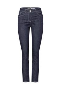 Jeans ajustados de denim azul oscuro con costuras en contraste, cintura de altura media, diseño de cinco bolsillos y cierre frontal con botón.