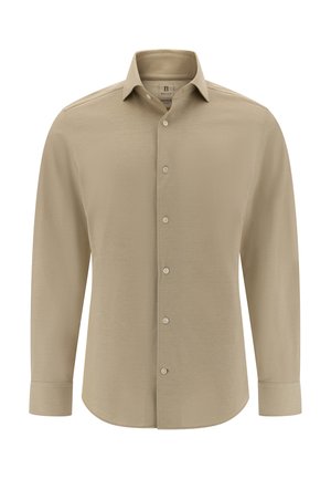 Helle beige Langarm-Hemd mit Knopfleiste aus glattem Stoff. Verfügt über einen spitzen Kragen, eine Knopfleiste mit fünf Knöpfen und einen runden Saum.