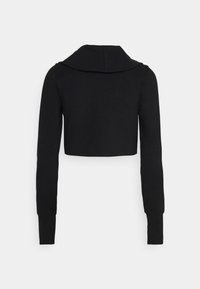 Beskuren svart sweatshirt med långa ärmar, vid krage och mjuk textur. Har en figurnära silhuett med minimala sömdetaljer.