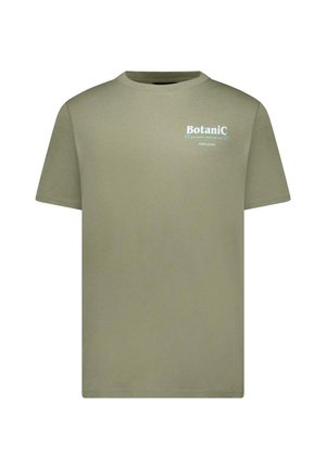 Olijfgroene katoenen T-shirt met korte mouwen en een ronde hals. Voorzien van lichtblauwe tekst met "BotaniC" en andere merkinformatie.