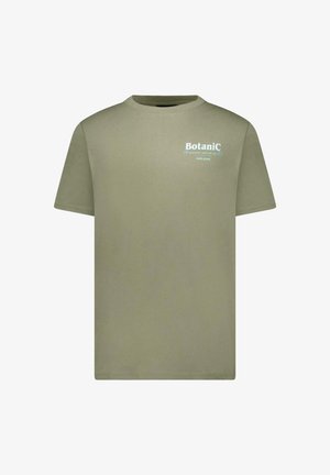 Olijfgroene katoenen T-shirt met korte mouwen en een ronde hals. Voorzien van lichtblauwe tekst met "BotaniC" en andere merkinformatie.