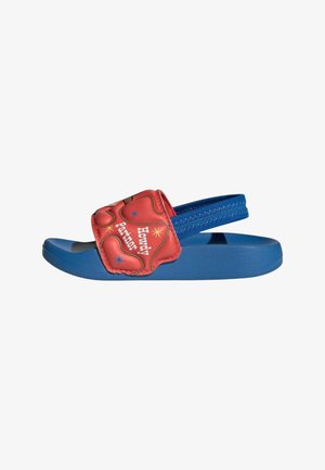 Sandalo a ciabatta per bambini blu e rosso con cinturino rosso con la scritta "Howdy Partner" e piccole decorazioni a forma di stella.
