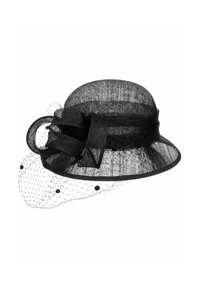 Black mesh hat with a wide brim, featuring a textured ribbon, netting veil, and decorative accents. Lightweight and structured design.