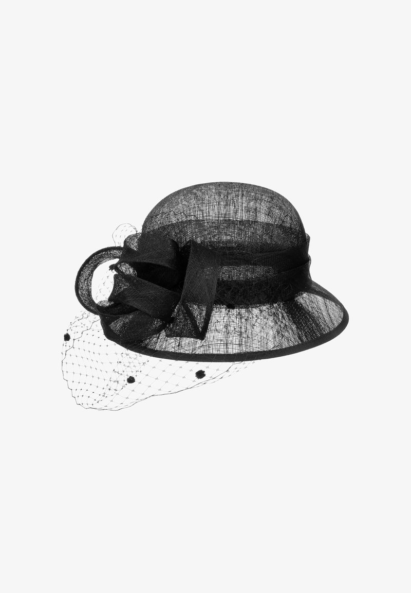 Black mesh hat with a wide brim, featuring a textured ribbon, netting veil, and decorative accents. Lightweight and structured design.