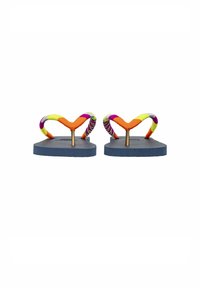 Tongs avec semelles en caoutchouc bleu, brides en tissu multicolores orange, rose, jaune et vert, dotées d'un axe en métal bronzé.