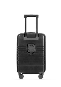 Black hard-shell suitcase with a vertical ribbed design, retractable handle, and four wheels. Features a central locking mechanism.