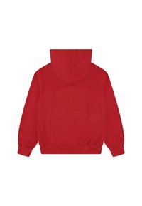 Felpa rossa con cappuccio, dal tessuto morbido, con polsini e vita elastici. Presenta un design posteriore senza cuciture con orlo arrotondato.