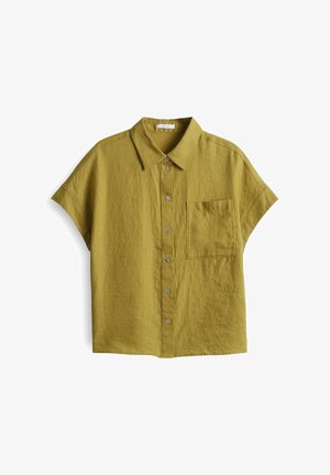 Short-sleeve, collared shirt in olive green, made of textured fabric, featuring a chest pocket and front button closure.