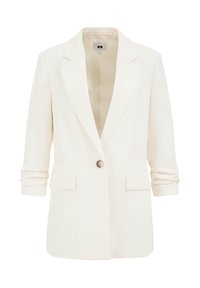 Kremowa marynarka o dopasowanym kroju, zapinana na pojedynczy guzik, z dwoma przednimi kieszeniami; posiada podwinięte rękawy i gładką fakturę.