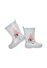 Bottes de pluie bleu clair pour enfants avec des motifs floraux roses et un chien de dessin animé portant un costume de caniche rose sur les côtés.