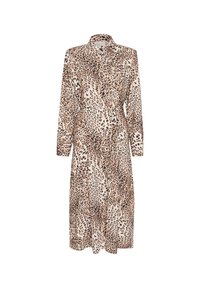 Abito midi con stampa leopardata, design con bottoni, maniche lunghe, realizzato in tessuto leggero con vita legata e leggero luccichio.