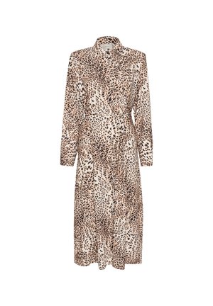 Leopard print midi dress, button-down design, long sleeves, made of lightweight fabric with a tied waist and subtle sheen.