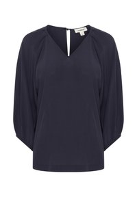 Blusa blu navy con scollatura a V, maniche a tre quarti a palloncino e dettaglio sul retro a chiave. Realizzata in tessuto leggero e morbido.