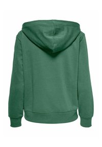 Sudadera verde con una costura central, bolsillo tipo canguro, puños y dobladillo acanalados. Textura de tela suave y un diseño de ajuste relajado.