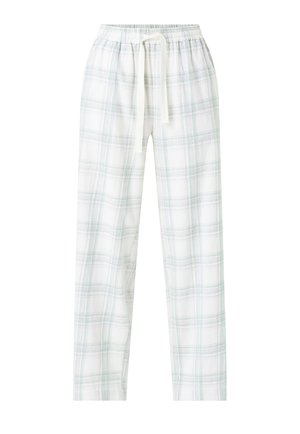 Pantaloni pigiama a quadri bianchi e verde chiaro con vita elastica e coulisse, vestibilità a gamba dritta, mostrati su uno sfondo bianco.