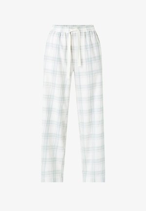 Pantalones de pijama a cuadros blancos y verde claro con cintura elástica y cordón ajustable, corte recto, mostrados sobre un fondo blanco.