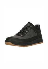 Schwarz-graue Sportschuhe mit niedrigem Schaft, Obermaterial aus strukturiertem Leder und Stoff, Gummisohle und sechs Metallösen für die Schnürsenkel.