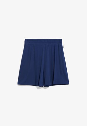 Navy blue shorts with a wide elastic waistband and pleated design. Made of soft fabric, featuring a smooth texture and relaxed fit.