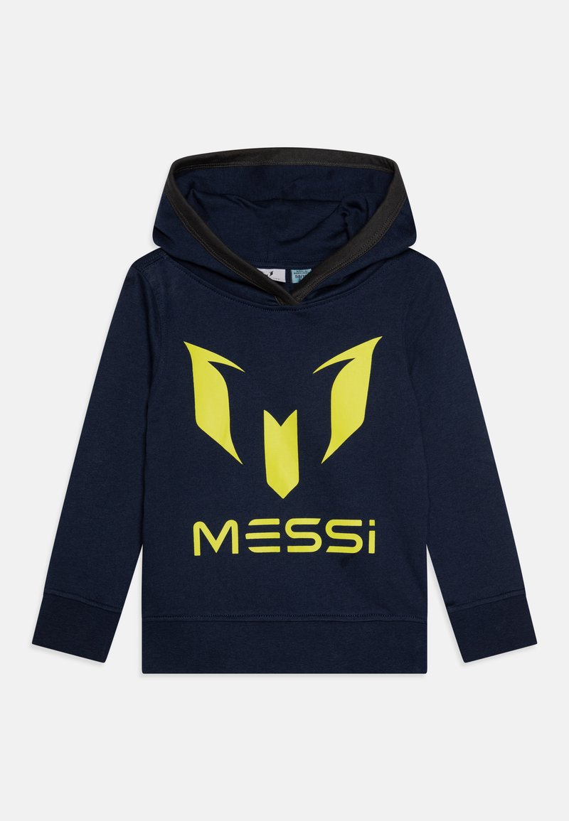 Felpa con cappuccio blu navy con collo nero, dotata di un grande logo giallo e testo "MESSi" in un font bold. Materiale in cotone.