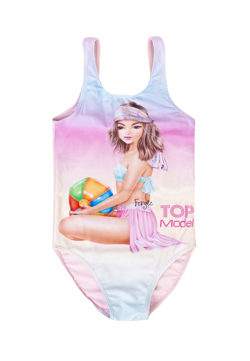 Einteiliger Badeanzug mit einem Farbverlauf in Pastellfarben, der eine bedruckte Figur zeigt, die einen Strandball hält. Dünne Träger und eine weiche Textur.