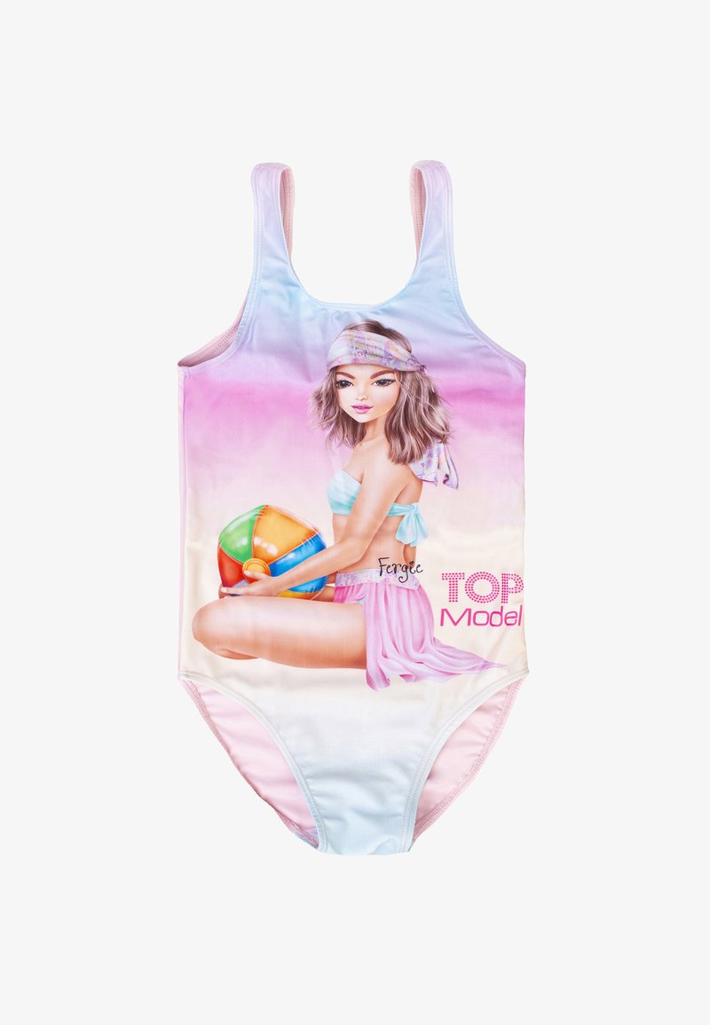 Einteiliger Badeanzug mit einem Farbverlauf in Pastellfarben, der eine bedruckte Figur zeigt, die einen Strandball hält. Dünne Träger und eine weiche Textur.