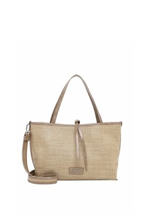 Bolso tote tejido beige con dos asas, una correa desmontable para el hombro y una etiqueta de cuero en el frente con la inscripción "SURI FREY".