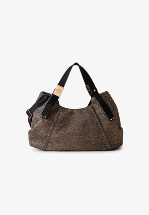 Large hobo bag in textured dark beige fabric with a subtle pattern. Features black straps with a logo and gold-tone hardware accents.