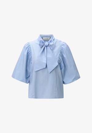 Lichtblouse voor dames in blauw met opgeblazen ellebooglange mouwen en een grote strik bij de kraag.
