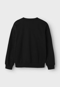 Schwarzer Pullover mit Rundhalsausschnitt, gerippten Bündchen und Saum. Glatte Textur, lockere Passform und keine sichtbaren Marken oder Muster.