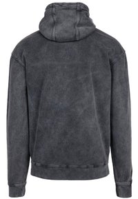 Felpa in cotone grigio scuro con finitura texturizzata, dotata di cappuccio, maniche lunghe e polsini e orlo a costine. Senza design o grafiche frontali.