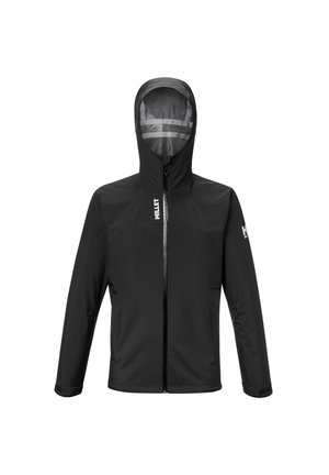 Black waterproof hooded jacket with front zipper and white "Millet" logos on chest and left sleeve.