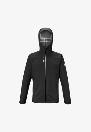 Black waterproof hooded jacket with front zipper and white "Millet" logos on chest and left sleeve.