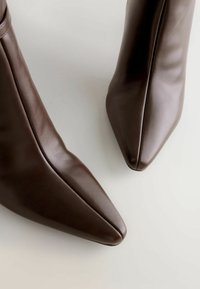 Brune læder ankelstøvler med spidse tæer. Glat tekstur og strømlinet design. Synlige sømme langs siderne fremhæver strukturen.