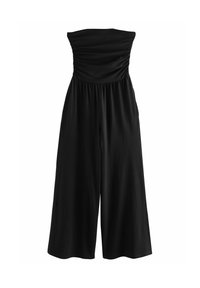 Black strapless jumpsuit with a gathered bodice, elastic waist, and wide-leg design. Made from a soft, smooth fabric with a matte finish.