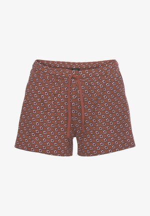 Smešane kratke hlače smeđe boje s remenom na vezanje. Sadrže male bijele i crvene cvjetne uzorke po cijeloj površini. Mekana, teksturirana tkanina.