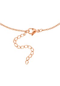Naszyjnik łańcuszkowy w kolorze różowego złota z okrągłymi ogniwami, z zapięciem typu lobster i zakrzywionym przedłużeniem łańcucha umożliwiającym regulację długości. Gładka tekstura.