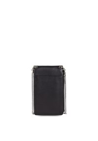Sac bandoulière en cuir noir avec une surface texturée, une bandoulière en chaîne, une fermeture zippée supérieure et une poche à l'arrière. Design compact rectangulaire.