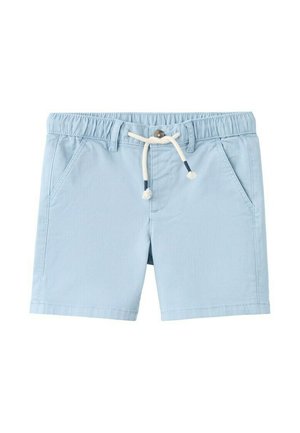 Pantaloni scurți casual de culoare albastru deschis, cu talie elastică, nasture frontal, șnur alb și buzunare tăiate în față.