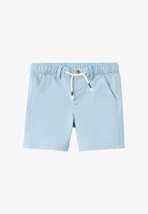 Lichtblauwe casual shorts met elastische tailleband, knoop aan de voorkant, witte trekkoord en schuine zakken aan de voorkant.