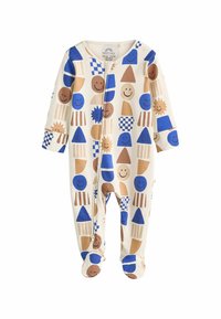 Body para bebé de algodón con un fondo crema y formas geométricas coloridas y caras sonrientes en azul, marrón y naranja. Cierre con cremallera.