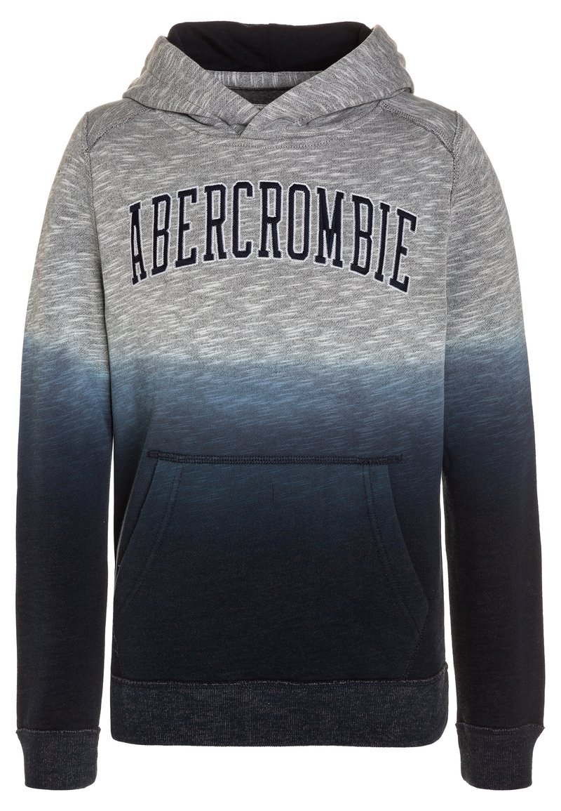 Šedá a námořnicky modrá mikina s kapucí a přechodovým designem; má kapsu typu klokánek, dlouhé rukávy a vyšívané logo na hrudi.