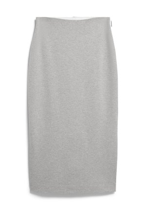 Gray pencil skirt made of soft jersey fabric. Straight shape with an elastic waistband and a smooth texture. Simple, solid color design.