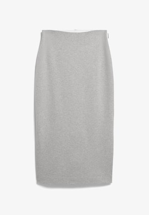 Gray pencil skirt made of soft jersey fabric. Straight shape with an elastic waistband and a smooth texture. Simple, solid color design.