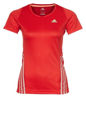 Punainen lyhythihainen urheilupaita, joka on valmistettu sileästä synteettisestä materiaalista. Paidassa on valkoiset raidat sivuilla ja pieni logo rinnassa.