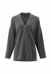 Grauer Cardigan aus weichem Stoff mit V-Ausschnitt, langen Ärmeln und sechs runden Knöpfen auf der Vorderseite.