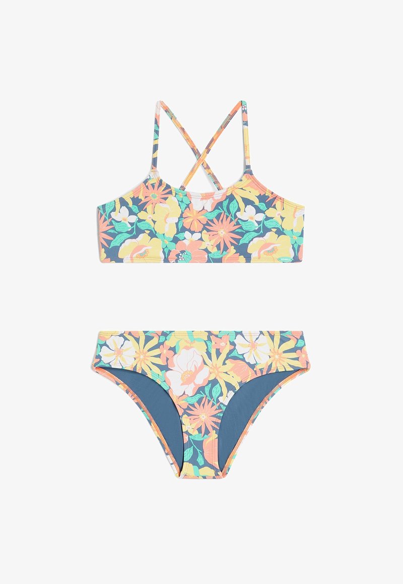 Ziedu bikini komplekts, kas ietver topu ar krustveida siksnām un zemu jostasvietu. Krāsas: persiku, dzeltena, zila un zaļa.