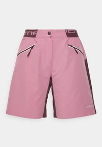 Roze en donkerpaarse shorts met een ritszak aan de voorkant, elastische tailleband en geperforeerde zijdetails; gemaakt van lichtgewicht stof.