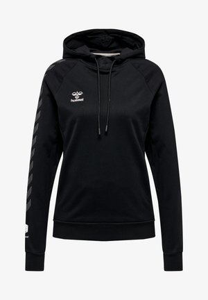 Felpa nera con cappuccio regolabile, maniche raglan e polsini elasticizzati. Presenta un logo sul petto e un motivo geometrico distintivo sulle maniche.