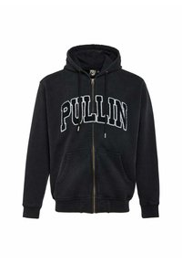 Hoodie noir zippé en tissu doux. Il dispose d'une poche kangourou, d'une capuche avec cordon de serrage et de "PULLIN" brodé sur la poitrine en blanc.